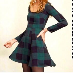 Reformation Green and Black Plaid Long Sleeve Val Dress